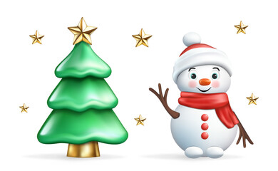 Realistic 3d cartoon Christmas snowman, green Christmas tree with golden star. Decorative glossy winter holiday symbol. Happy New Year cute character. Vector illustration isolated on white background