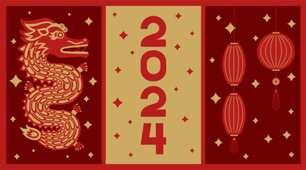 2024 Chinese new year, year of the dragon. Set of Chinese new year posters, greeting cards design with Chinese zodiac dragon, lanterns in red and gold colors