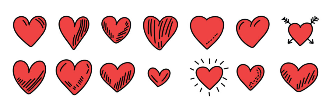 Collection of hearts colored outline isolated on white background. Hand drawn vector art.