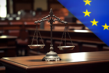 Court of European Union. Courtroom with Flag of Europe. Judicial scales in court. EU Supreme Court, Judiciary, Justice, Judicial Authority, Law. Scales of Justice of judge in court of European Union. - obrazy, fototapety, plakaty