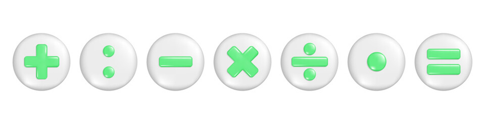 Realistic green 3d plus, minus, multiply, division and equal sign on round button. Arithmetic 3d element, education maths icon, mathematical symbol. Vector illustration isolated on white background