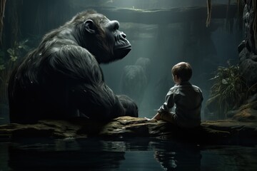 Gorilla and boy, animal and man in harmony. Generation Ai