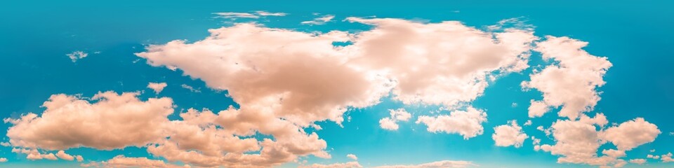 Blue summer sky panorama with Cumulus clouds. Seamless hdr spherical 360 panorama. Zenith or sky dome in 3D visualization, sky replacement for aerial drone 360 panoramas. Weather and climate change