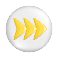 Realistic 3d yellow arrow on gray round button. Cartoon plastic glossy shape of pointer 3d direction icon, pointing right or straight sign. Abstract vector illustration isolated on white background