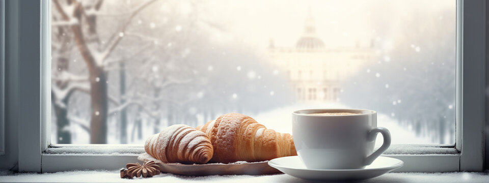 delicious hot coffee and a croissant on the windowsill. outside the window is winter