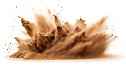 Sand explosion, with vibrant splashes of gold. Isolated on white background - obrazy, fototapety, plakaty