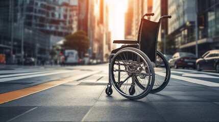 A person in a wheelchair crossing the road  - obrazy, fototapety, plakaty