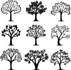 Collection of trees silhouettes. AI generated illustration. - obrazy, fototapety, plakaty