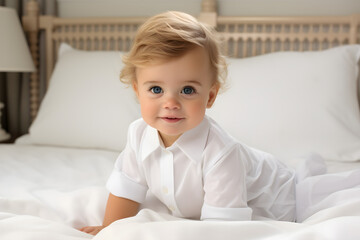 Fototapeta premium Cute little boy is sitting on white bed