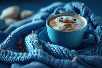Blue Monday concept. Blue coffee cup with cappuccino coffee and blue scarf. - obrazy, fototapety, plakaty