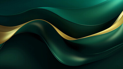 Abstract geometric background with flowing lines and waves. Modern green and golden shiny wavy lines background 