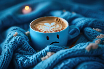Blue Monday concept. Blue coffee cup with cappuccino coffee and blue scarf.