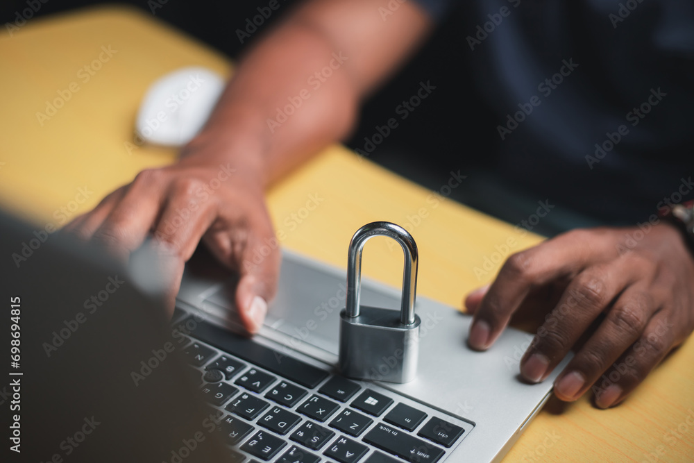 Poster cybersecurity concept business man shows how to protect cyber technology network from attack by hack