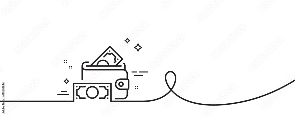 Poster money wallet line icon. continuous one line with curl. cash banknotes sign. financial profit symbol.