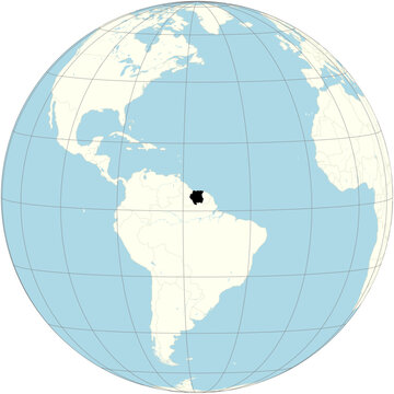 The orthographic projection of the world map with Suriname at its center. a country on the northeastern Atlantic coast of South America