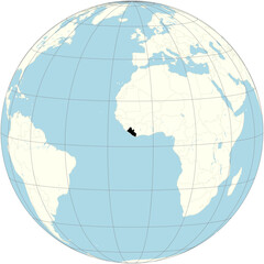 The orthographic projection of the world map with Liberia at its center. a country on the West African coast