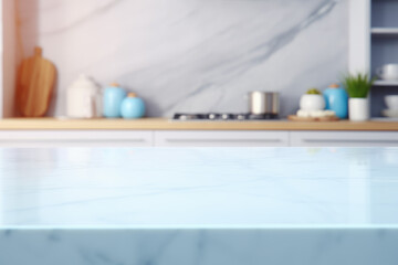 Light marble table with modern blue colored kitchen set, photorealistic blurred bokeh background with copyspace.