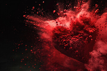 Red splash in the shape of a heart on black background. - obrazy, fototapety, plakaty