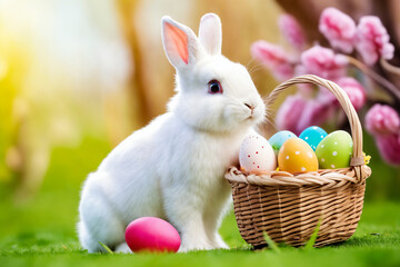 Bunny and easter eggs on green grass - Illustration