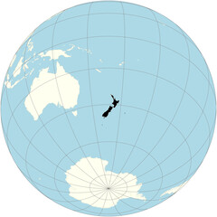 The orthographic projection of the world map with New Zealand at its center. a country in the southwestern Pacific Ocean, consisting of two main islands - obrazy, fototapety, plakaty