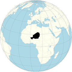 The orthographic projection of the world map with Niger at its center. a landlocked country in West Africa named after the Niger River