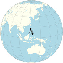 The orthographic projection of the world map with Philippines at its center. an archipelagic country in Southeast Asia, situated in the western Pacific Ocean