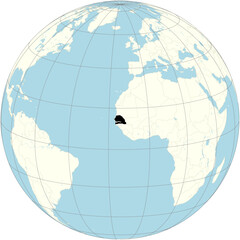 The orthographic projection of the world map with Senegal at its center. a country in West Africa, bordered by the Atlantic Ocean