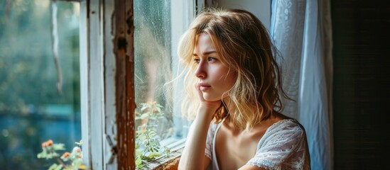 Lonely woman by window, feeling sorrowful at home. - obrazy, fototapety, plakaty