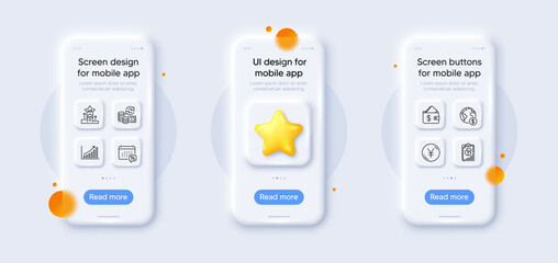 Obraz premium Global business, Change money and Report line icons pack. 3d phone mockups with star. Glass smartphone screen. Calendar tax, Wallet, Vip podium web icon. Yen money, Graph chart pictogram. Vector