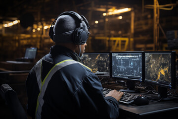 The operator controls the operation of the smart  factory at the terminal - obrazy, fototapety, plakaty