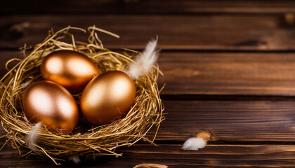 Golden eggs in the nest on a wooden table. Happy Easter background