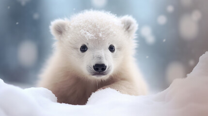 cute little polar bear on the background of a snowy forest - obrazy, fototapety, plakaty