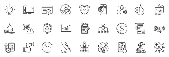 Fototapeta na wymiar Icons pack as Nasal test, Alarm clock and Settings blueprint line icons for app include Light bulb, Chart, Computer outline thin icon web set. Qr code, Weather, Augmented reality pictogram. Vector