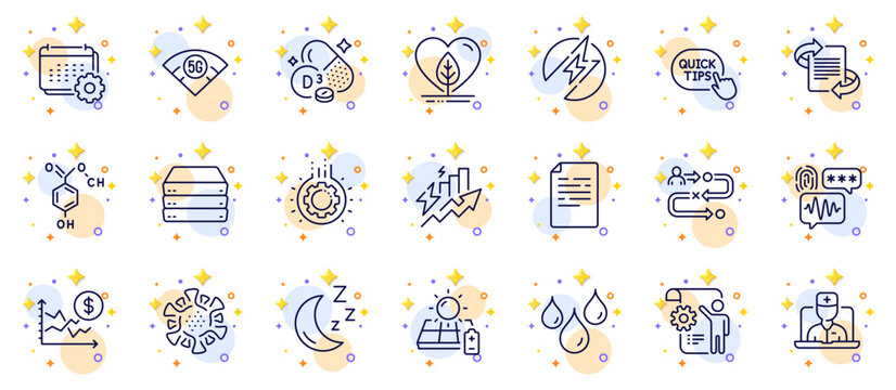Outline set of Document, Marketing and Gear line icons for web app. Include Telemedicine, Coronavirus, Moon pictogram icons. Journey path, Chemical formula, Cholecalciferol signs. Vector