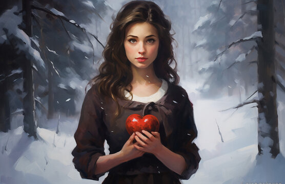 A girl holding a red heart in a snowy