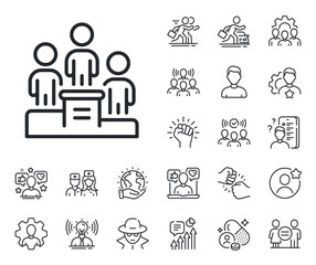 Employee nomination sign. Specialist, doctor and job competition outline icons. Business podium line icon. Teamwork award symbol. Business podium line sign. Vector