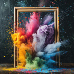 Abstract color splash with frame for wallpaper design. Colorful dust explode.