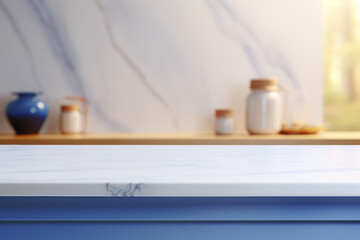 Light marble table with modern blue colored kitchen set, photorealistic blurred bokeh background with copyspace.