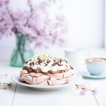 Homemade Pavlova Chocolate Cake in Delight Spring Decoration.