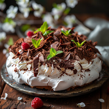 Homemade Pavlova Chocolate Cake in Delight Spring Decoration.