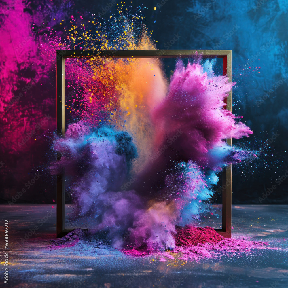 Wall mural abstract color splash with frame for wallpaper design. colorful dust explode.