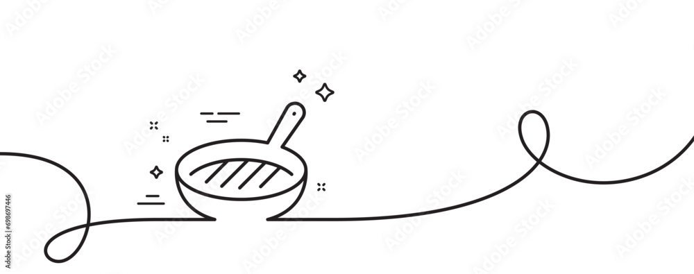 Poster grill pan line icon. continuous one line with curl. kitchen griddle sign. food cooking utensils symb