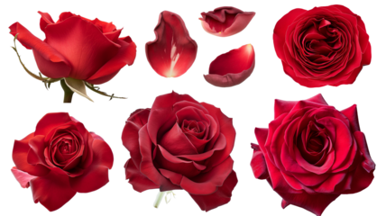 Different part of red rose flower, green leaves, isolated on transparent background