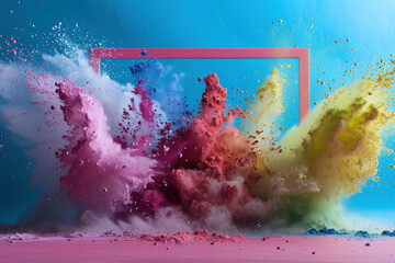 Abstract color splash with frame for wallpaper design. Colorful dust explode.