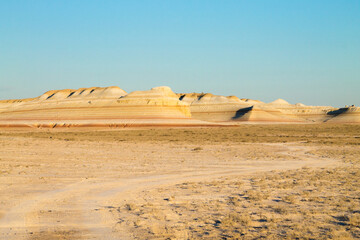 Kyzylkup area landscape, Mangystau desert. Rock strata formations