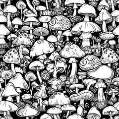 seamless pattern with black and white mushrooms