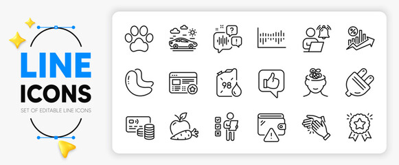 User notification, Column diagram and Card line icons set for app include Petrol canister, Ranking star, Dog paw outline thin icon. Cashew nut, Loan percent, Anxiety pictogram icon. Vector