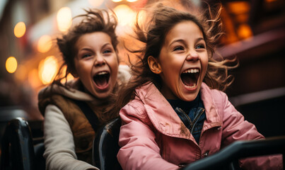 Exhilarating moment as two young girls scream with joy on a thrilling roller coaster ride