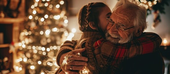 Elderly man hugs granddaughter, gets Christmas present at home.