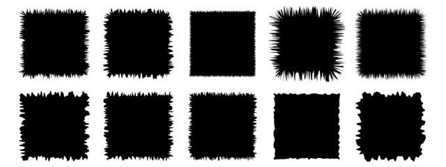 Set of torn paper frames. Jagged squares collection. Black grunge elements, shapes. Vector Papers silhouettes isolated on white background.